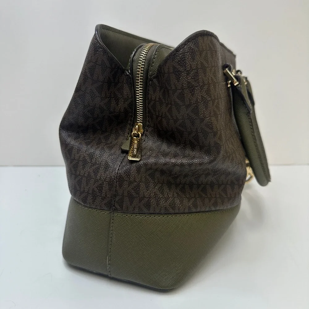 Michael Kors Signature Logo Satchel Brown Olive Green Two Tone Handbag Gold HW